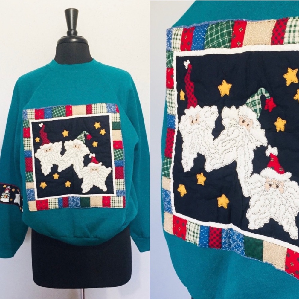 Christmas Quilted Sweater Green Santa Patch!